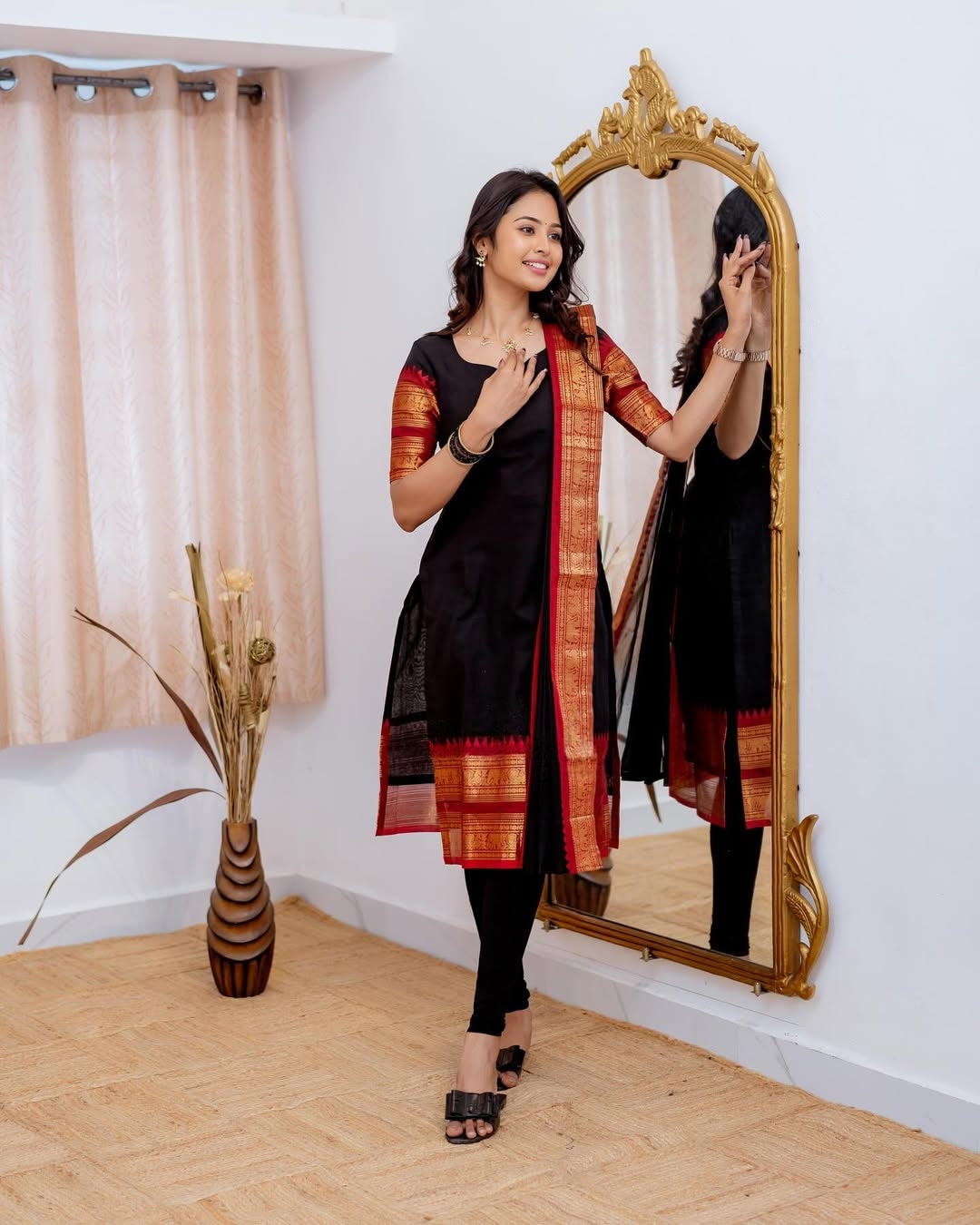 Black Kanchi Cotton Kurti with Dupatta