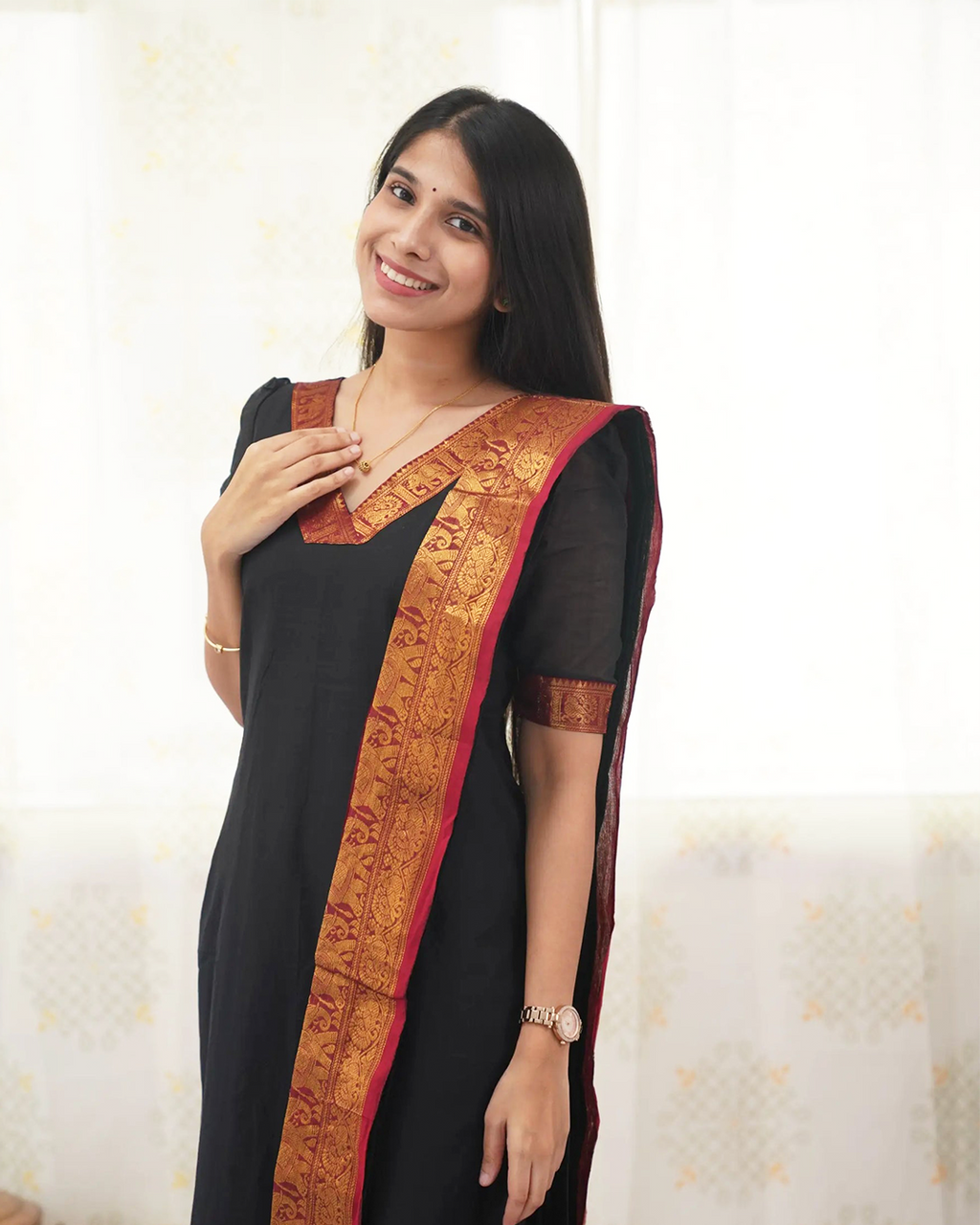 Black Kanchi Cotton Kurti with Golden Dupatta