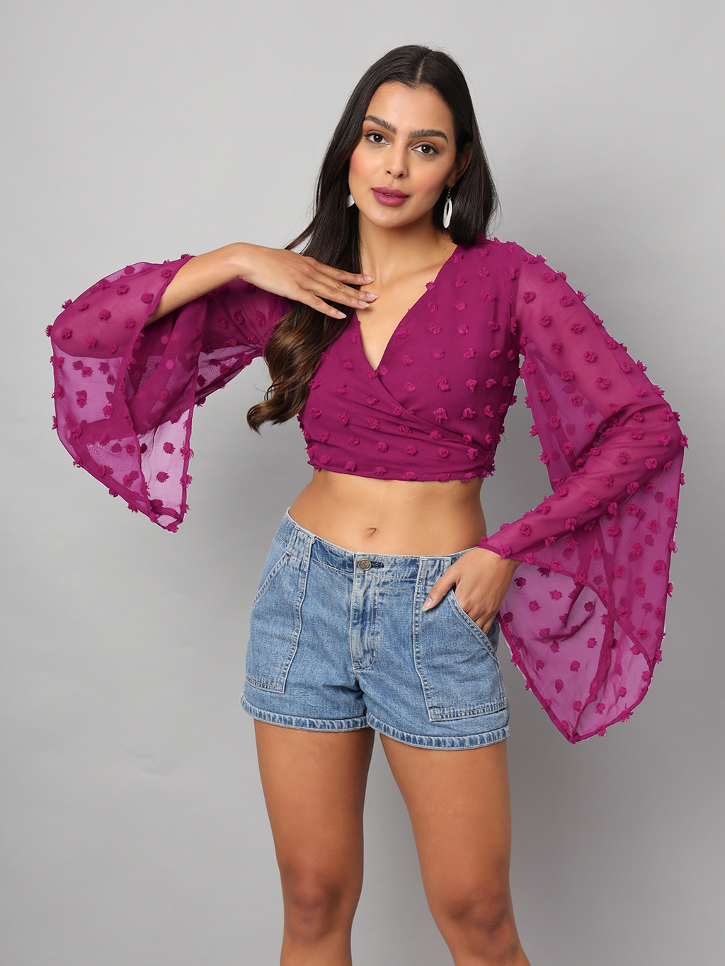 Wine Wrap Around Top with Pom Pom & Bell Sleeve