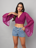 Wine Wrap Around Top with Pom Pom & Bell Sleeve