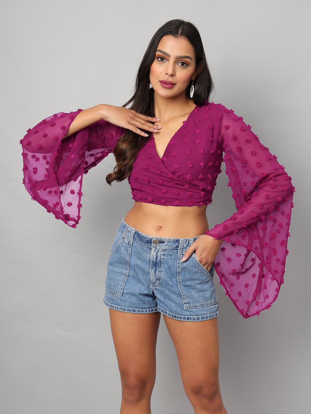 Wine Wrap Around Top with Pom Pom & Bell Sleeve