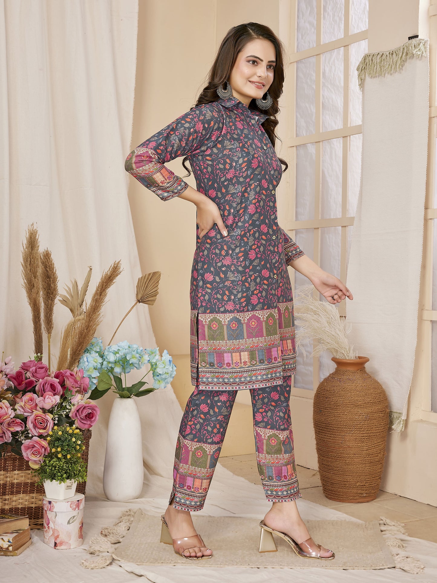 Grey Floral Printed Co-Ords Set