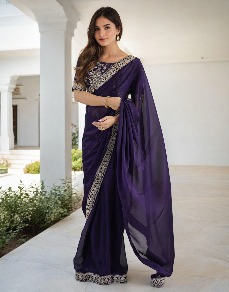Purple Silk Saree with Sequins and Matching Blouse Piece