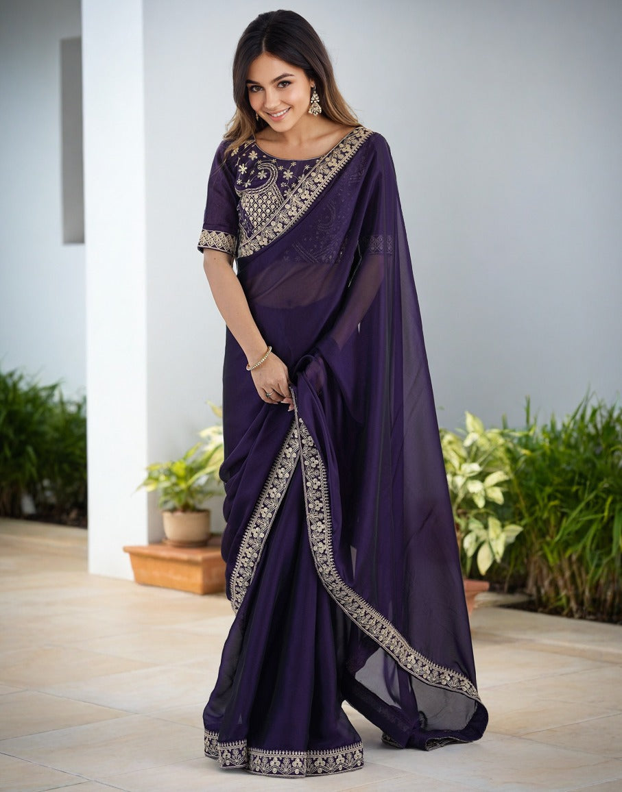 Purple Silk Saree with Sequins and Matching Blouse Piece