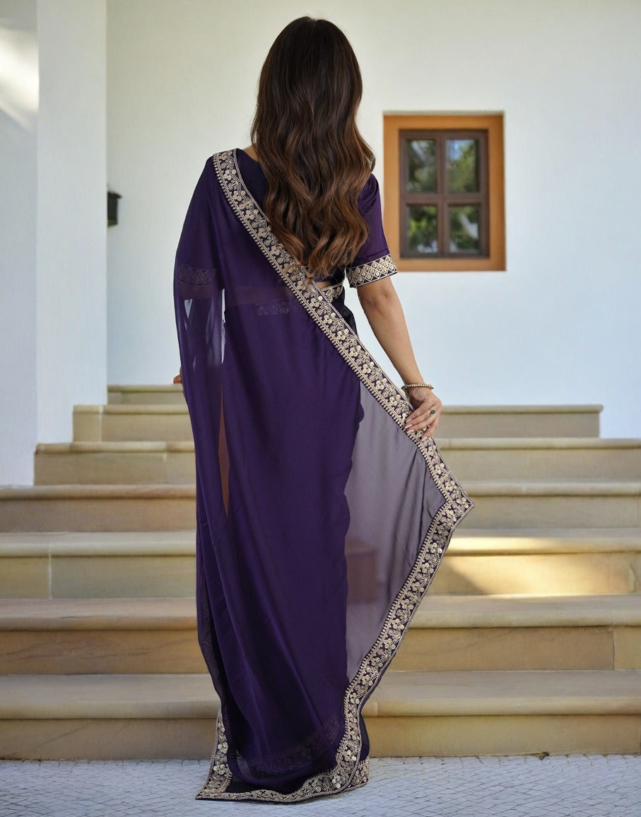 Purple Silk Saree with Sequins and Matching Blouse Piece