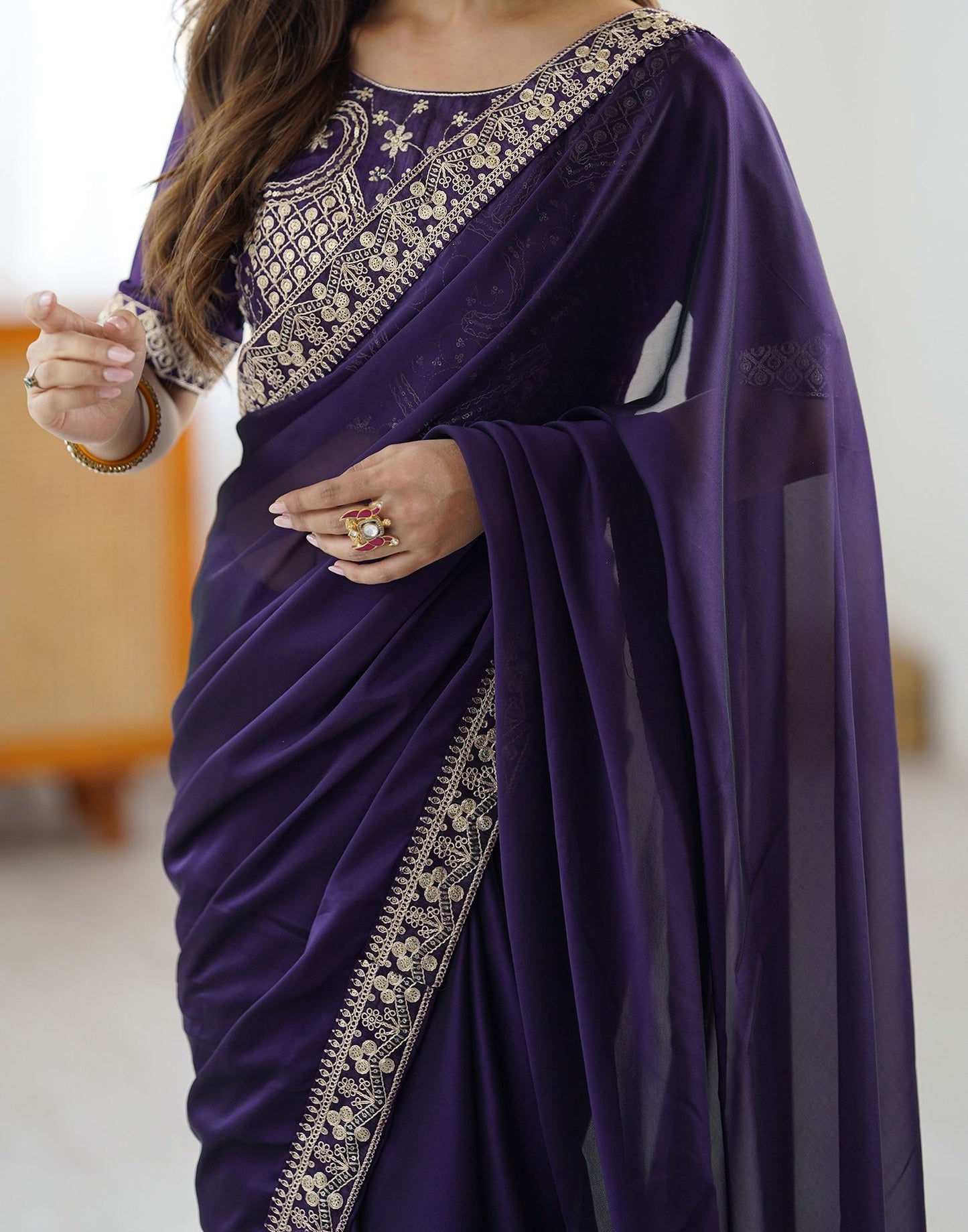 Purple Silk Saree with Sequins and Matching Blouse Piece