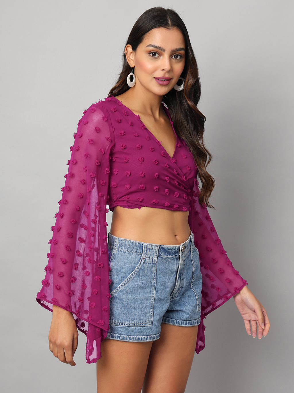 Wine Wrap Around Top with Pom Pom & Bell Sleeve