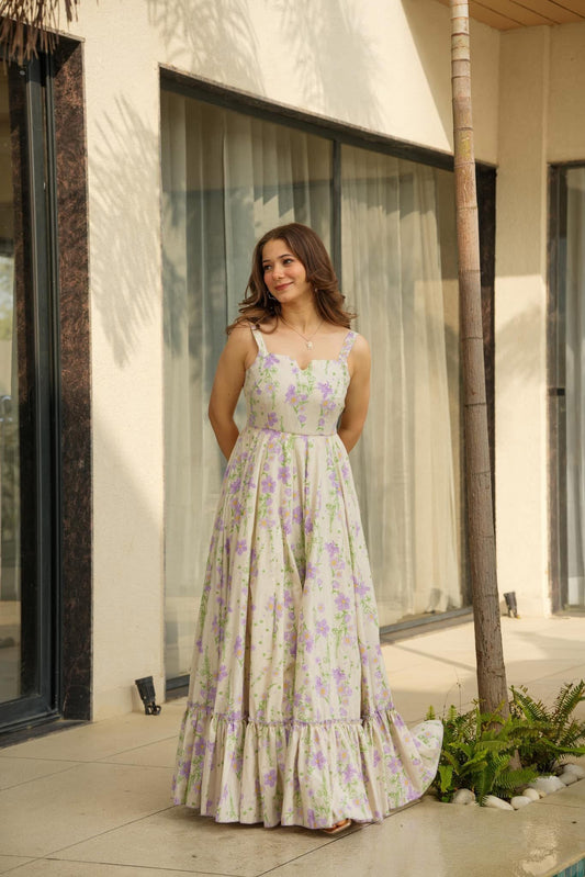 Purple White Rayon Floral Print Fit & Flare Dress with Shoulder Straps