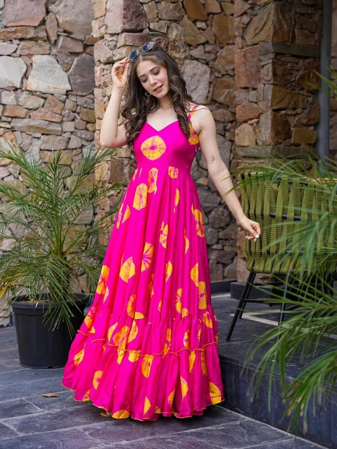 Magenta Pink Tie-Dye Print Fit & Flare Dress with Shoulder Straps
