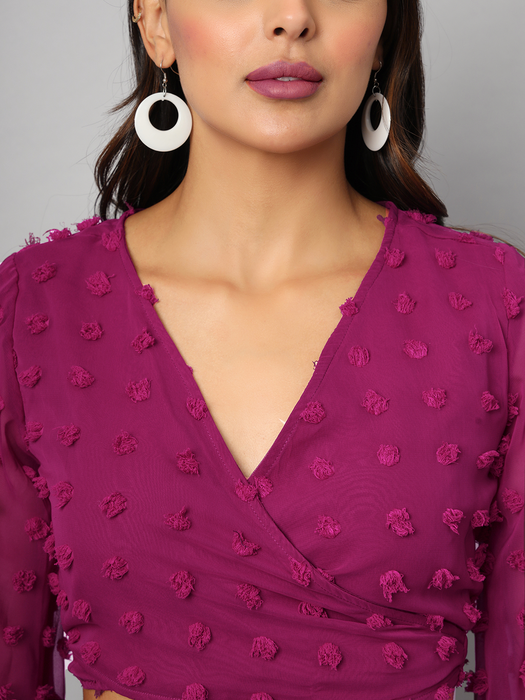Wine Wrap Around Top with Pom Pom & Bell Sleeve
