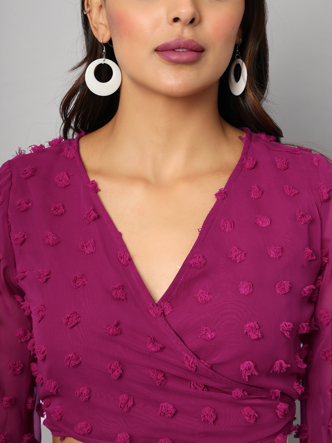 Wine Wrap Around Top with Pom Pom & Bell Sleeve