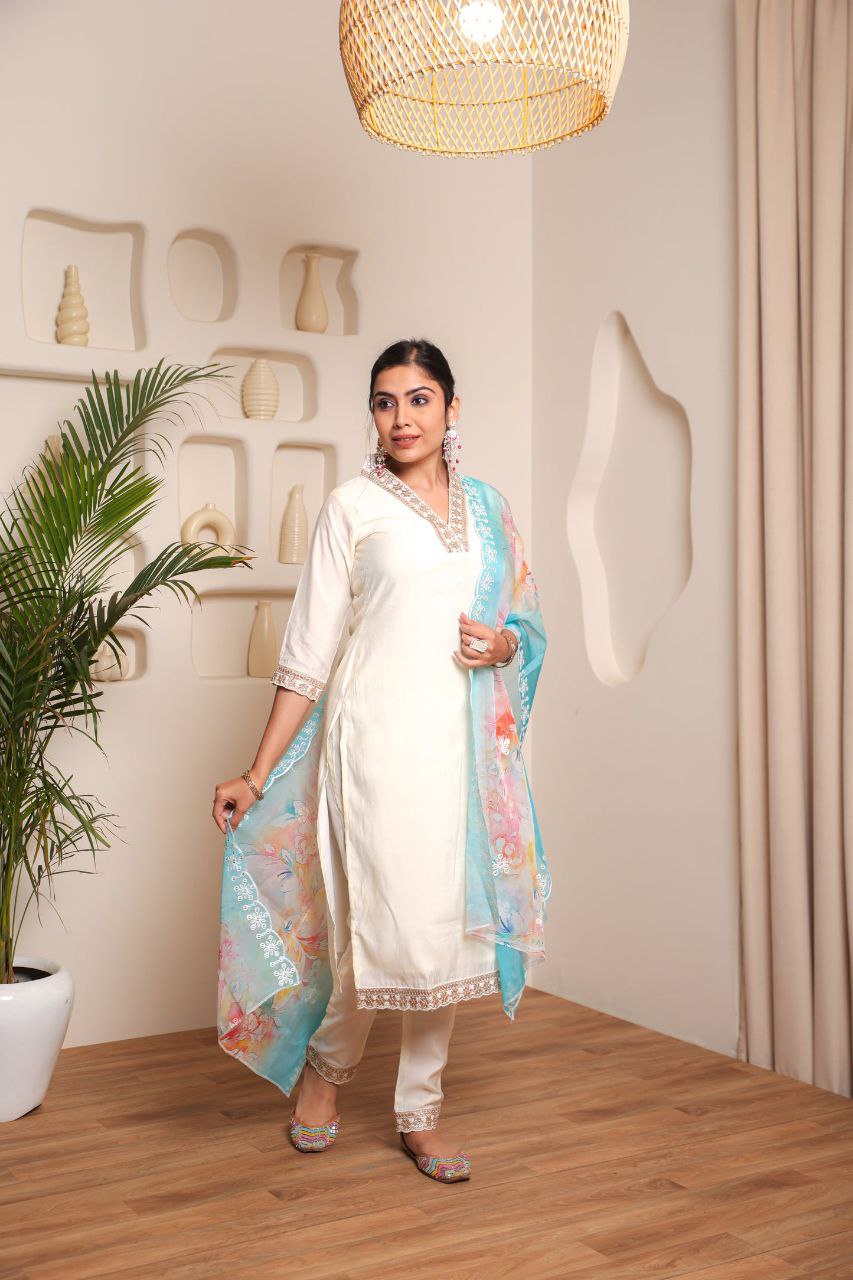 White Embroidered Kurta Set with Dupatta – Festive & Wedding Outfit
