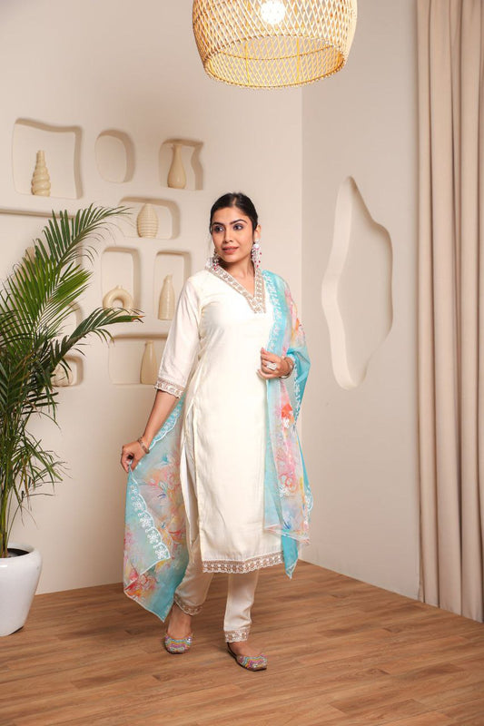 White Embroidered Kurta Set with Dupatta – Festive & Wedding Outfit