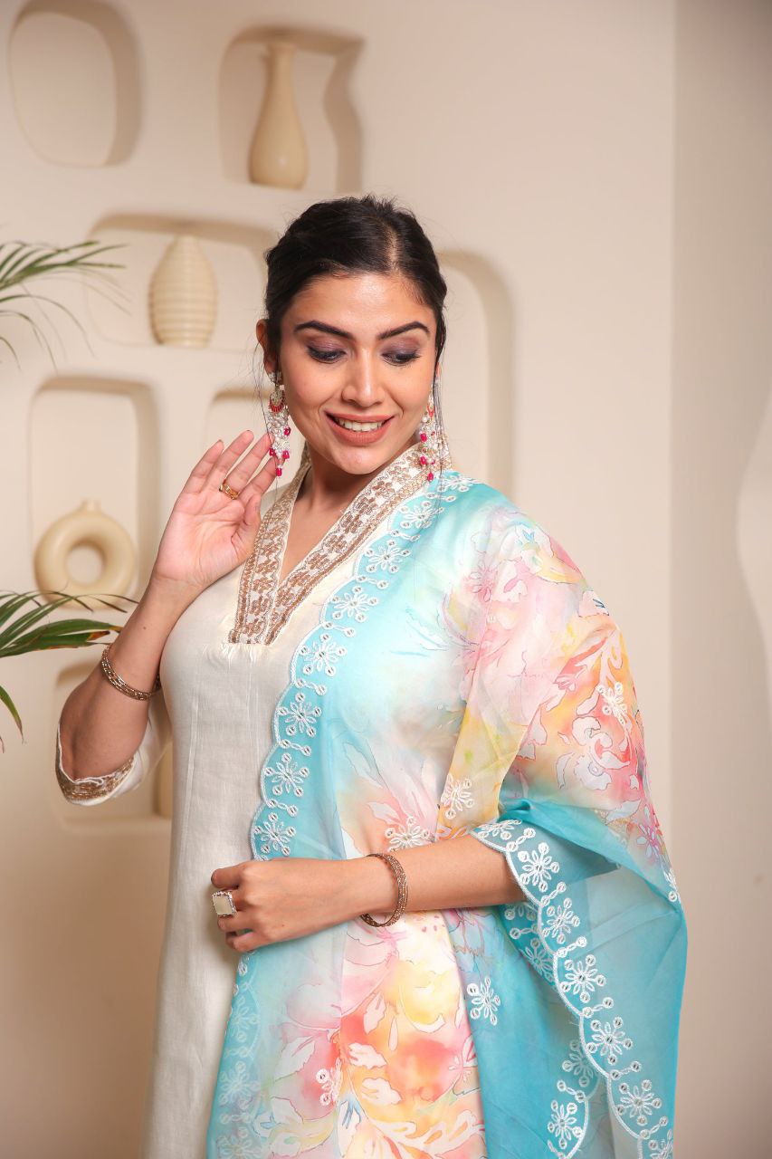 White Embroidered Kurta Set with Dupatta – Festive & Wedding Outfit