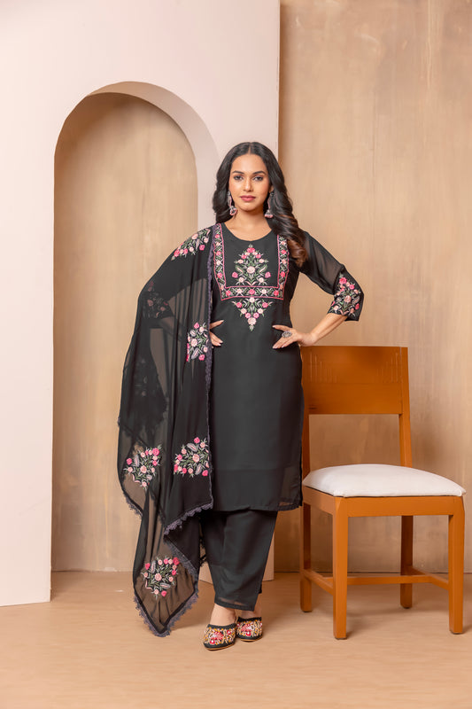 Stylish Black Embroidered Kurta Set with Dupatta – Floral Design for Elegant Look