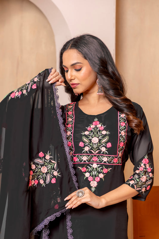 Stylish Black Embroidered Kurta Set with Dupatta – Floral Design for Elegant Look