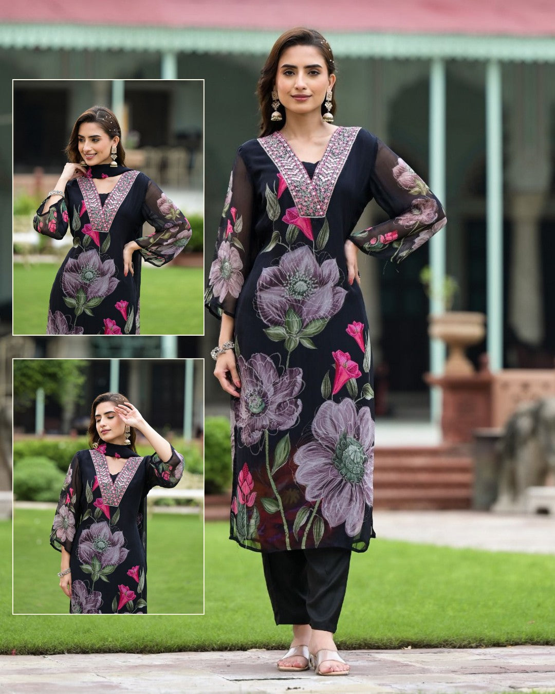 Black Floral Print Embroidered Yoke Kurta Set with Dupatta – Elegant Ethnic Wear for Women