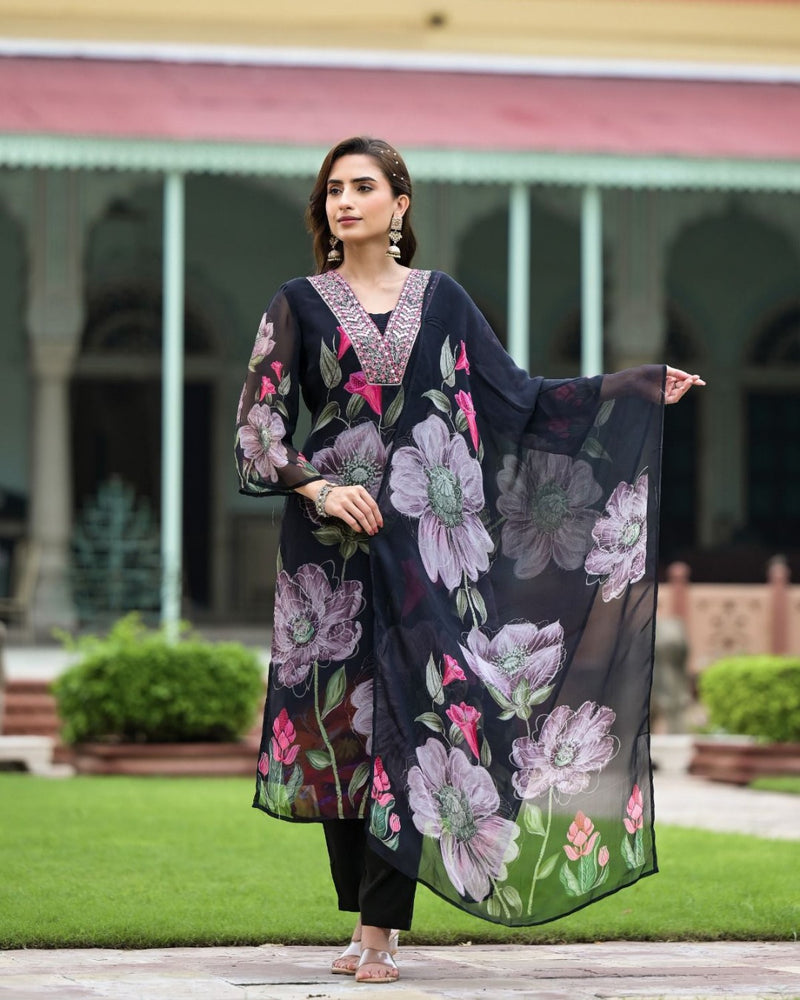 Black Floral Print Embroidered Yoke Kurta Set with Dupatta – Elegant Ethnic Wear for Women