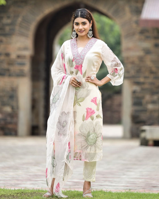 Chic White Floral Print Kurta Set with Dupatta – Embroidered Neckline Ethnic Suit