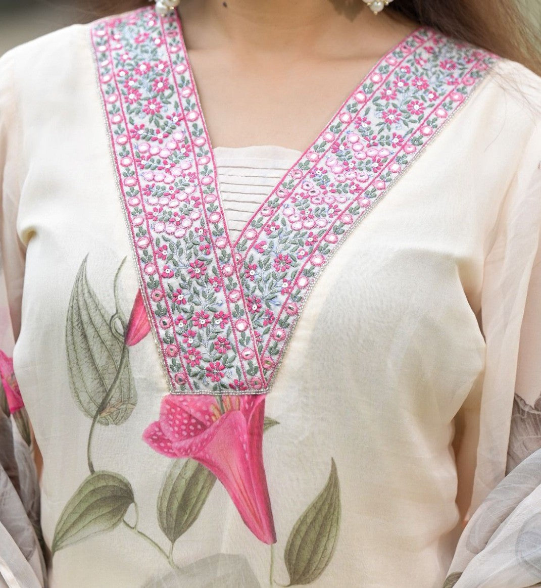 Chic White Floral Print Kurta Set with Dupatta – Embroidered Neckline Ethnic Suit