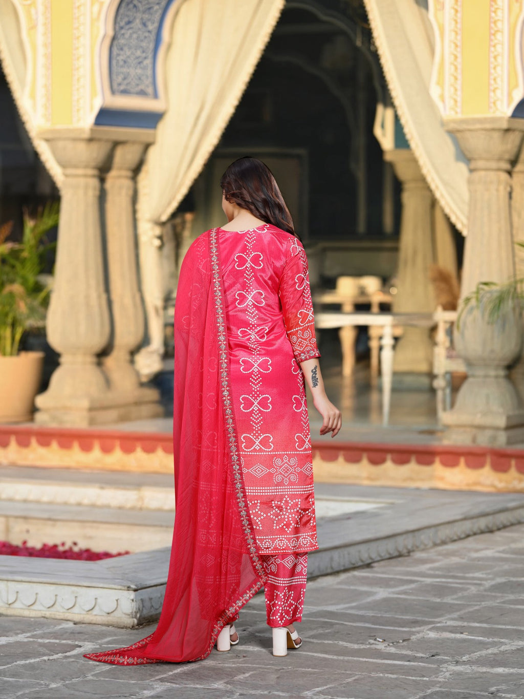 Red Chinnon Silk Suit Set with Dupatta | Designer Printed & Embroidered Kurta Set