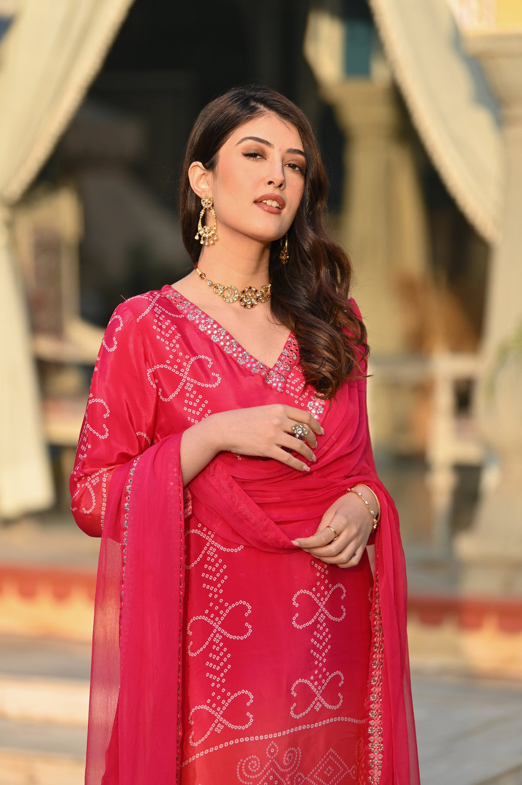 Red Chinnon Silk Suit Set with Dupatta | Designer Printed & Embroidered Kurta Set