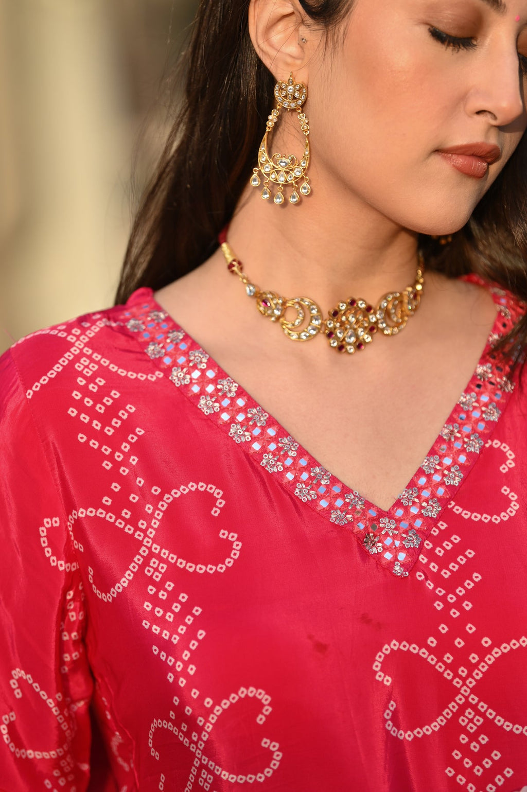 Red Chinnon Silk Suit Set with Dupatta | Designer Printed & Embroidered Kurta Set