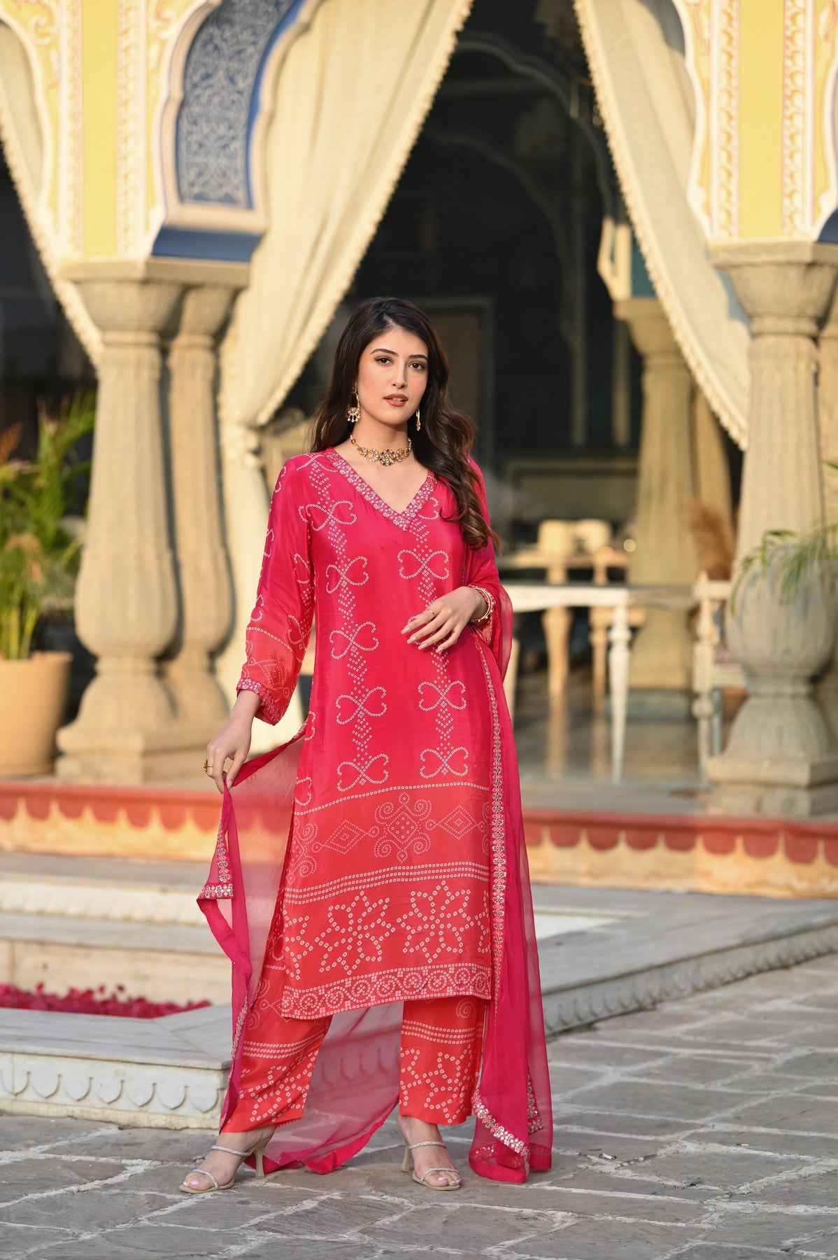 Red Chinnon Silk Suit Set with Dupatta | Designer Printed & Embroidered Kurta Set