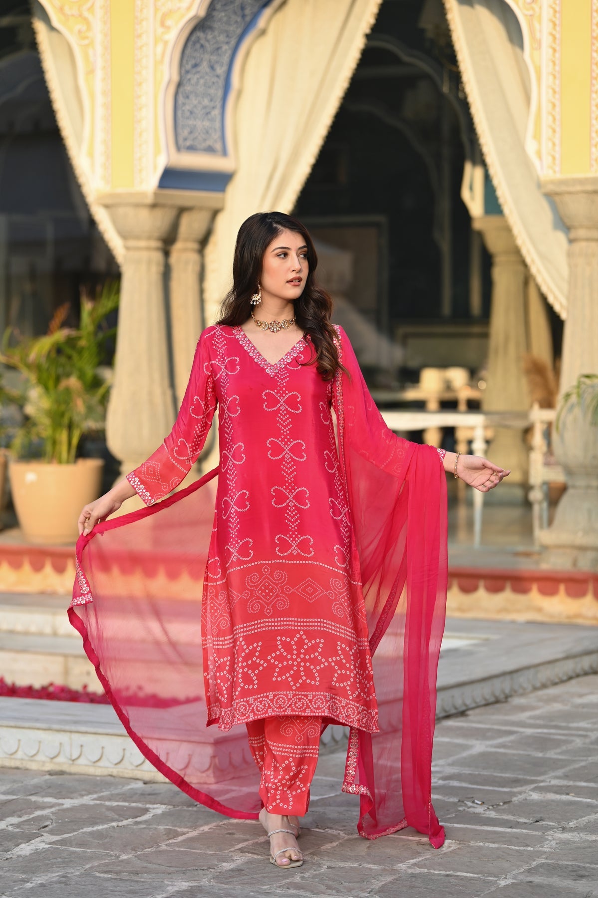 Red Chinnon Silk Suit Set with Dupatta | Designer Printed & Embroidered Kurta Set
