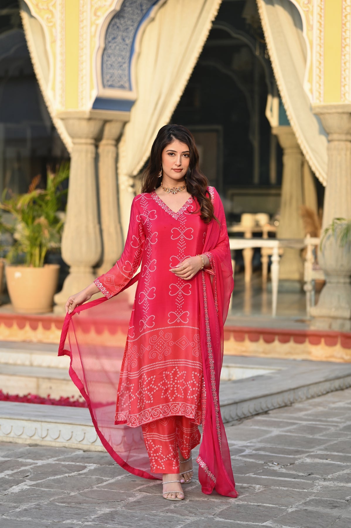 Red Chinnon Silk Suit Set with Dupatta | Designer Printed & Embroidered Kurta Set