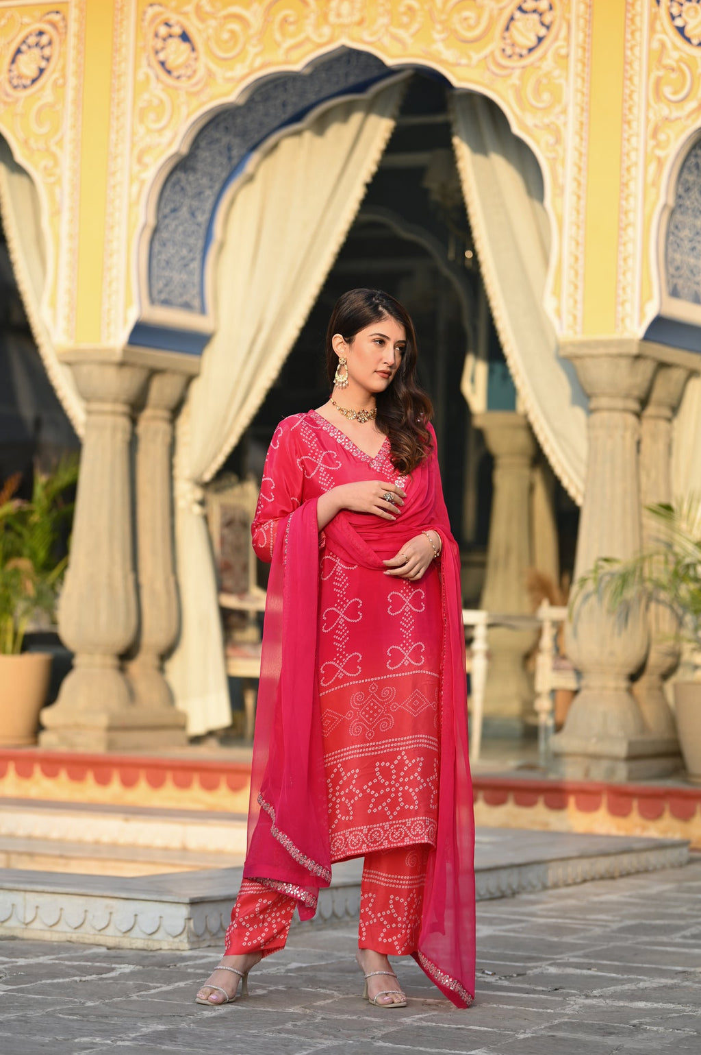 Red Chinnon Silk Suit Set with Dupatta | Designer Printed & Embroidered Kurta Set