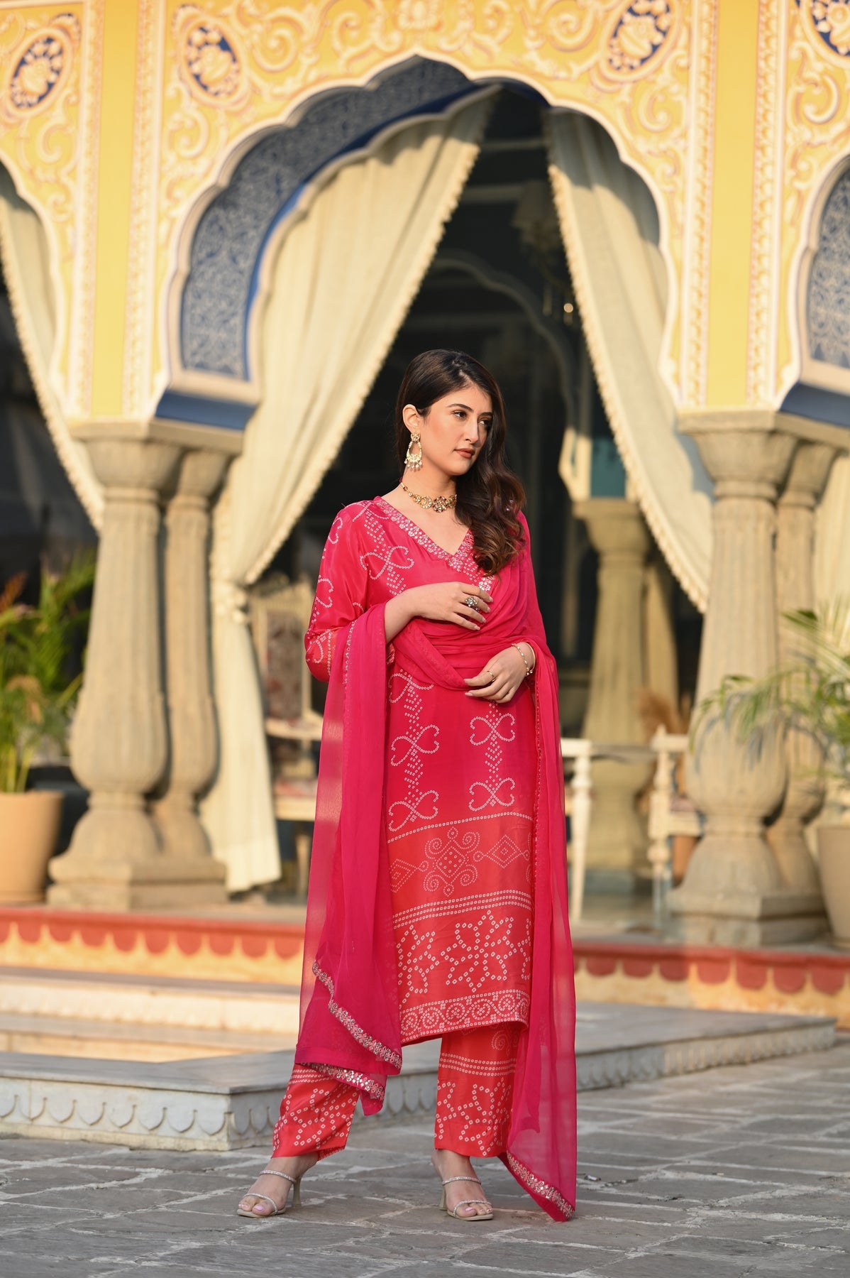 Red Chinnon Silk Suit Set with Dupatta | Designer Printed & Embroidered Kurta Set