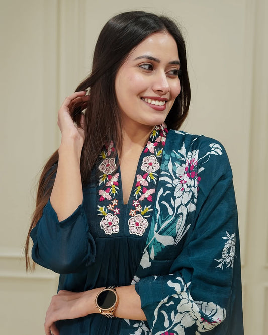 Cyan Blue Flared Embroidered Chinon Kurta Set with Dupatta