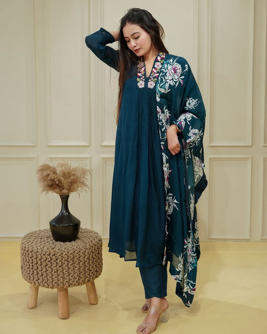 Cyan Blue Flared Embroidered Chinon Kurta Set with Dupatta