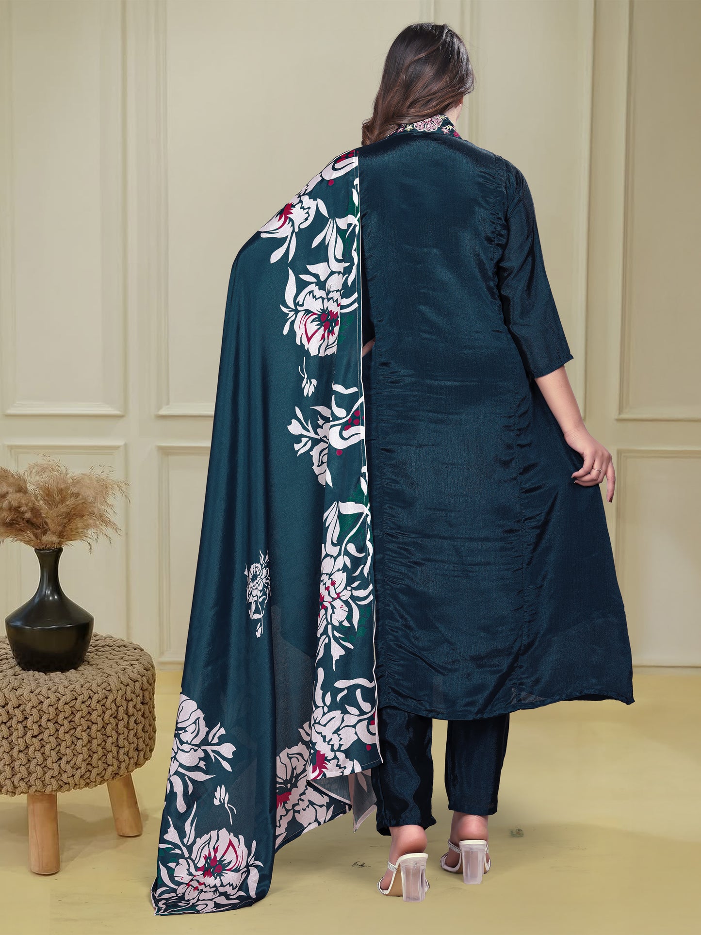 Cyan Blue Flared Embroidered Chinon Kurta Set with Dupatta