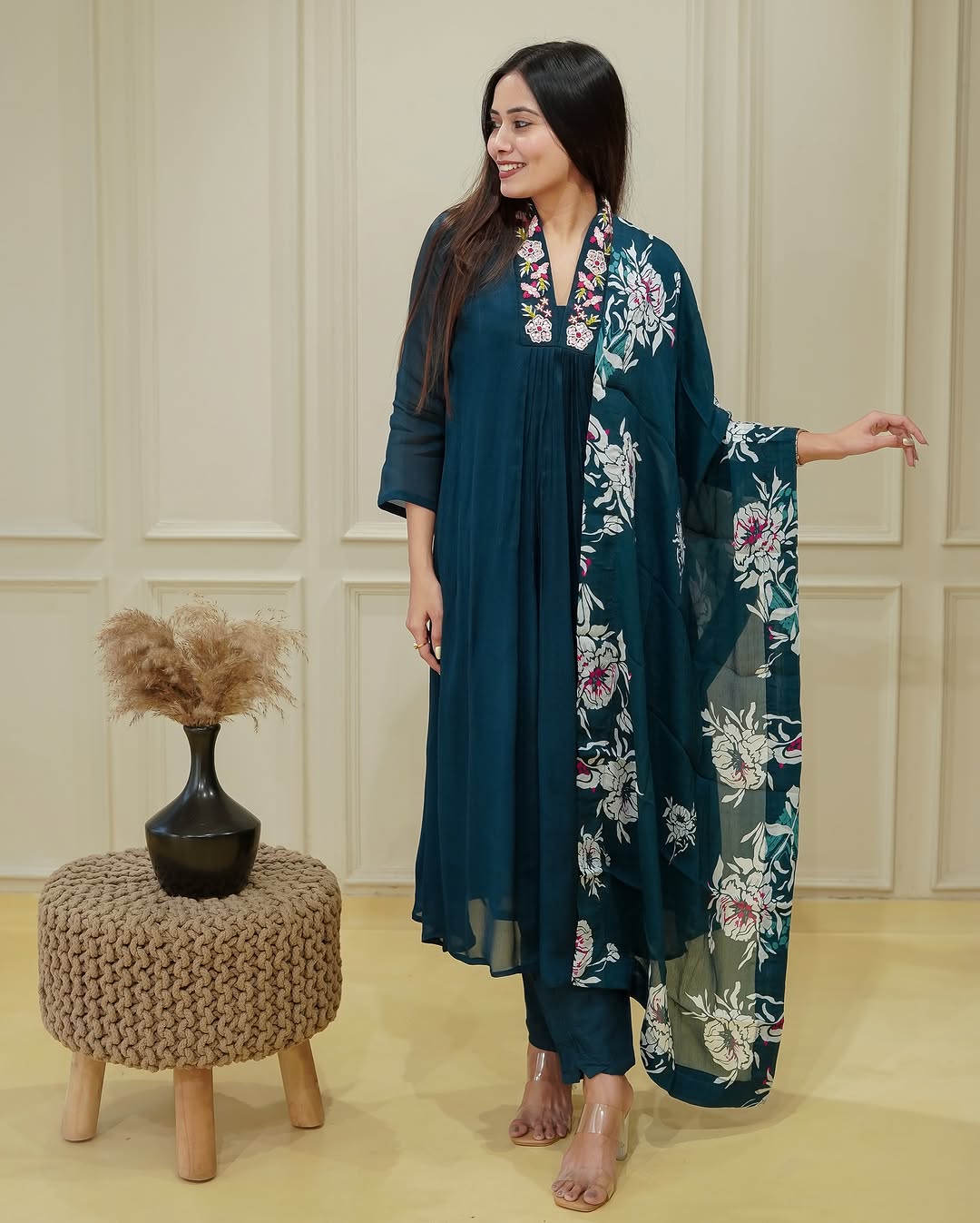 Cyan Blue Flared Embroidered Chinon Kurta Set with Dupatta