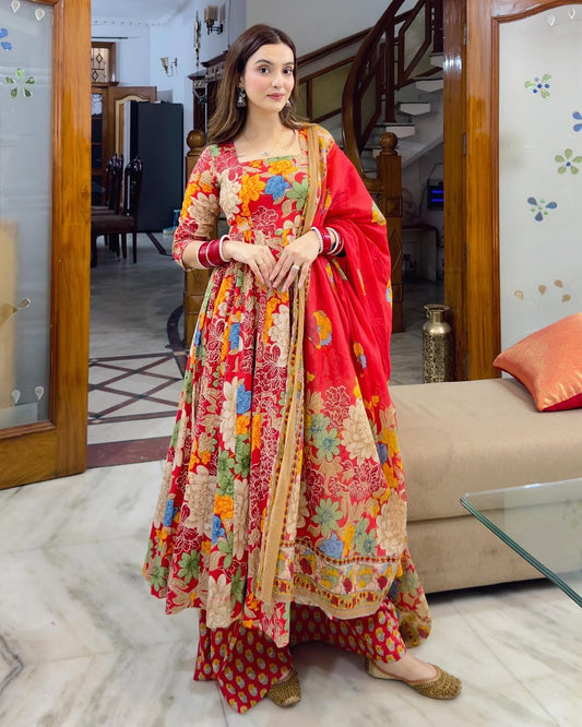 Red Floral Anarkali Gown with Dupatta Online – Festive Indian Dress