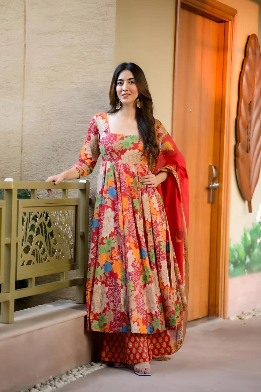 Red Floral Anarkali Gown with Dupatta Online – Festive Indian Dress