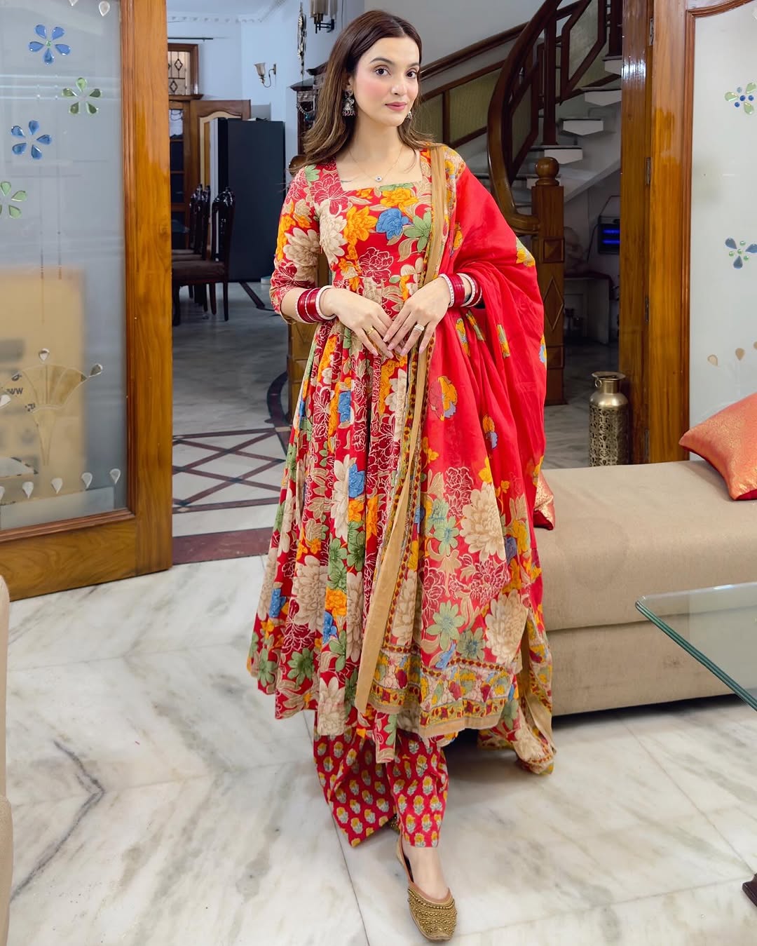 Red Floral Anarkali Gown with Dupatta Online – Festive Indian Dress