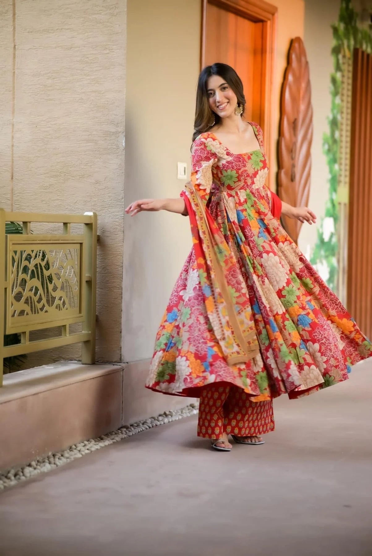 Red Floral Anarkali Gown with Dupatta Online – Festive Indian Dress