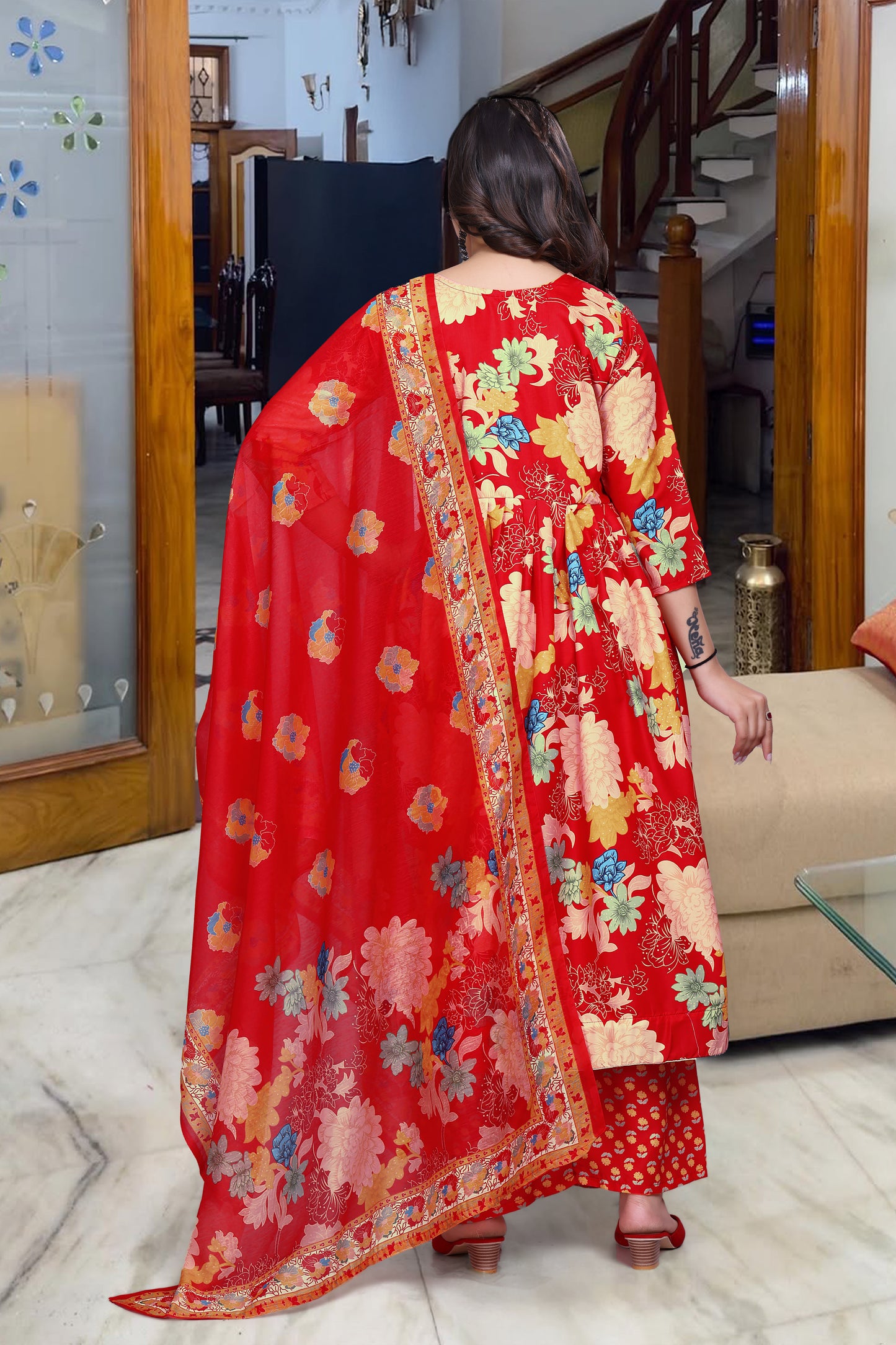 Red Floral Anarkali Gown with Dupatta Online – Festive Indian Dress