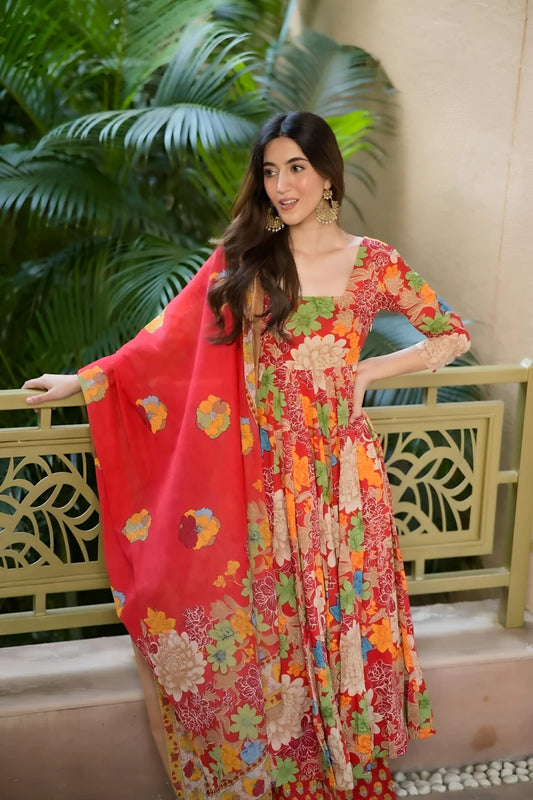Red Floral Anarkali Gown with Dupatta Online – Festive Indian Dress