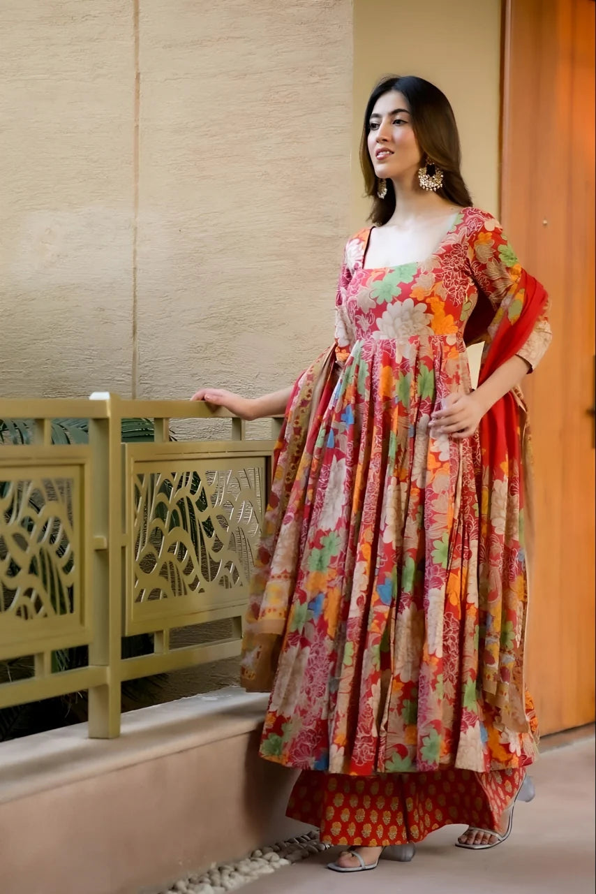 Red Floral Anarkali Gown with Dupatta Online – Festive Indian Dress