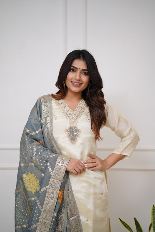 Women's Off-White Chanderi Kurta Set – Viscose Fabric, Sequins Embroidery, with Dupatta