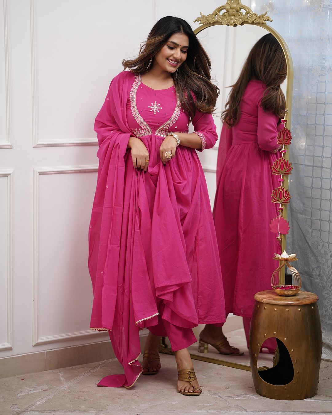 Magenta Pink Embroidered Anarkali Kurta Set with Dupatta – Traditional Ethnic Wear for Women