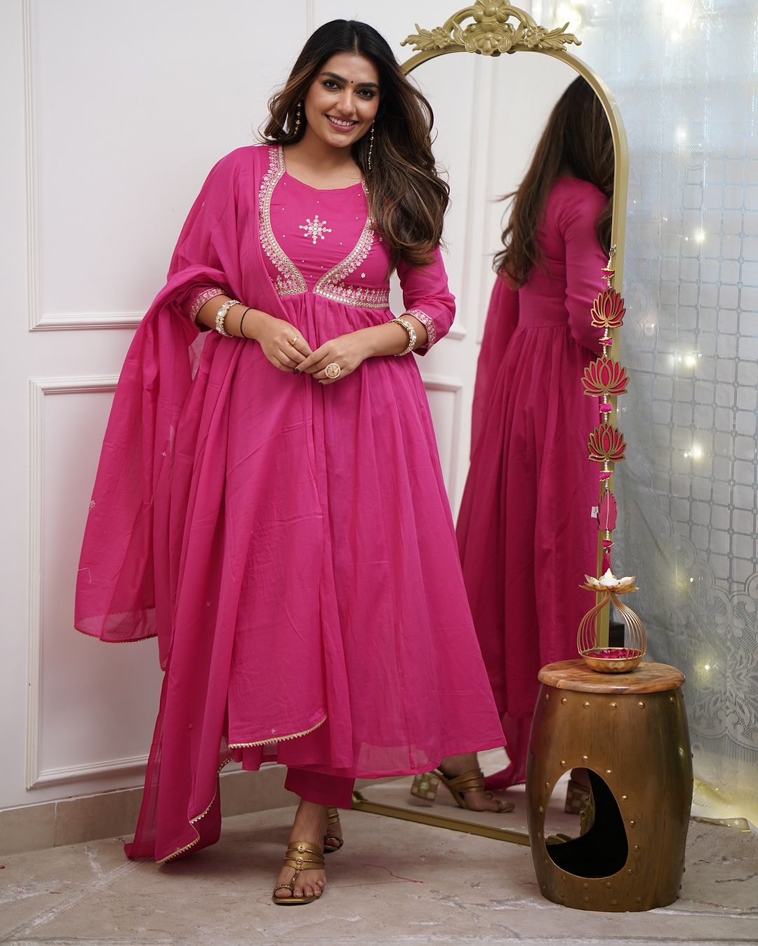 Magenta Pink Embroidered Anarkali Kurta Set with Dupatta – Traditional Ethnic Wear for Women