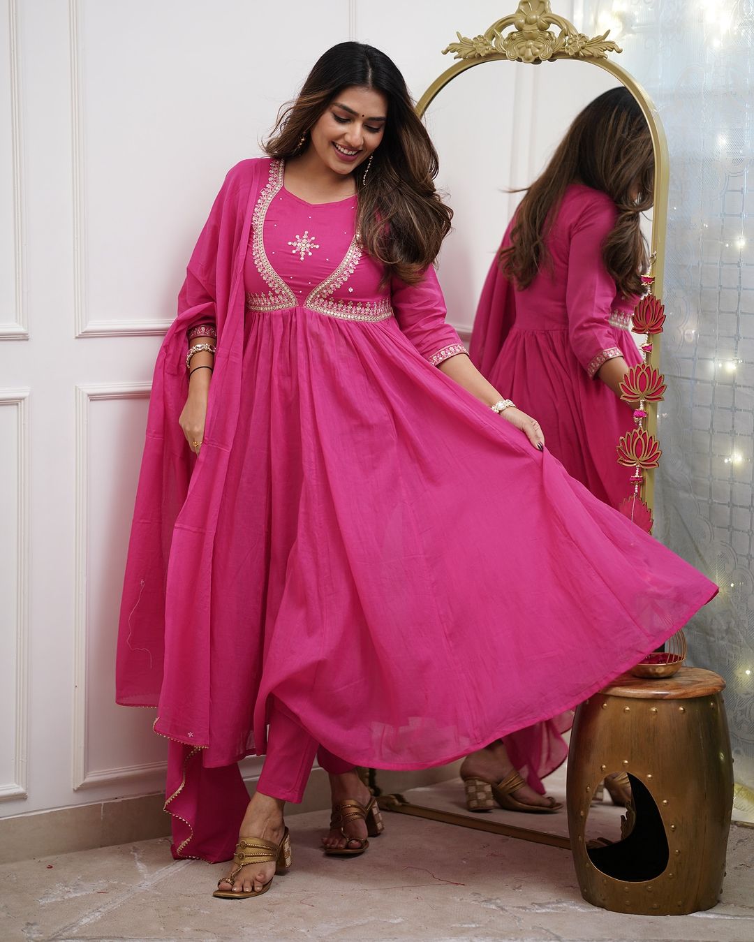 Magenta Pink Embroidered Anarkali Kurta Set with Dupatta – Traditional Ethnic Wear for Women