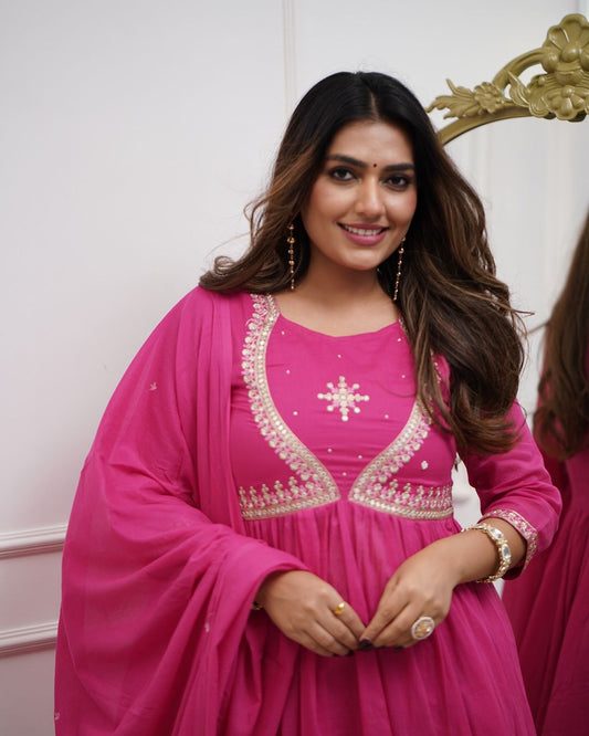 Magenta Pink Embroidered Anarkali Kurta Set with Dupatta – Traditional Ethnic Wear for Women