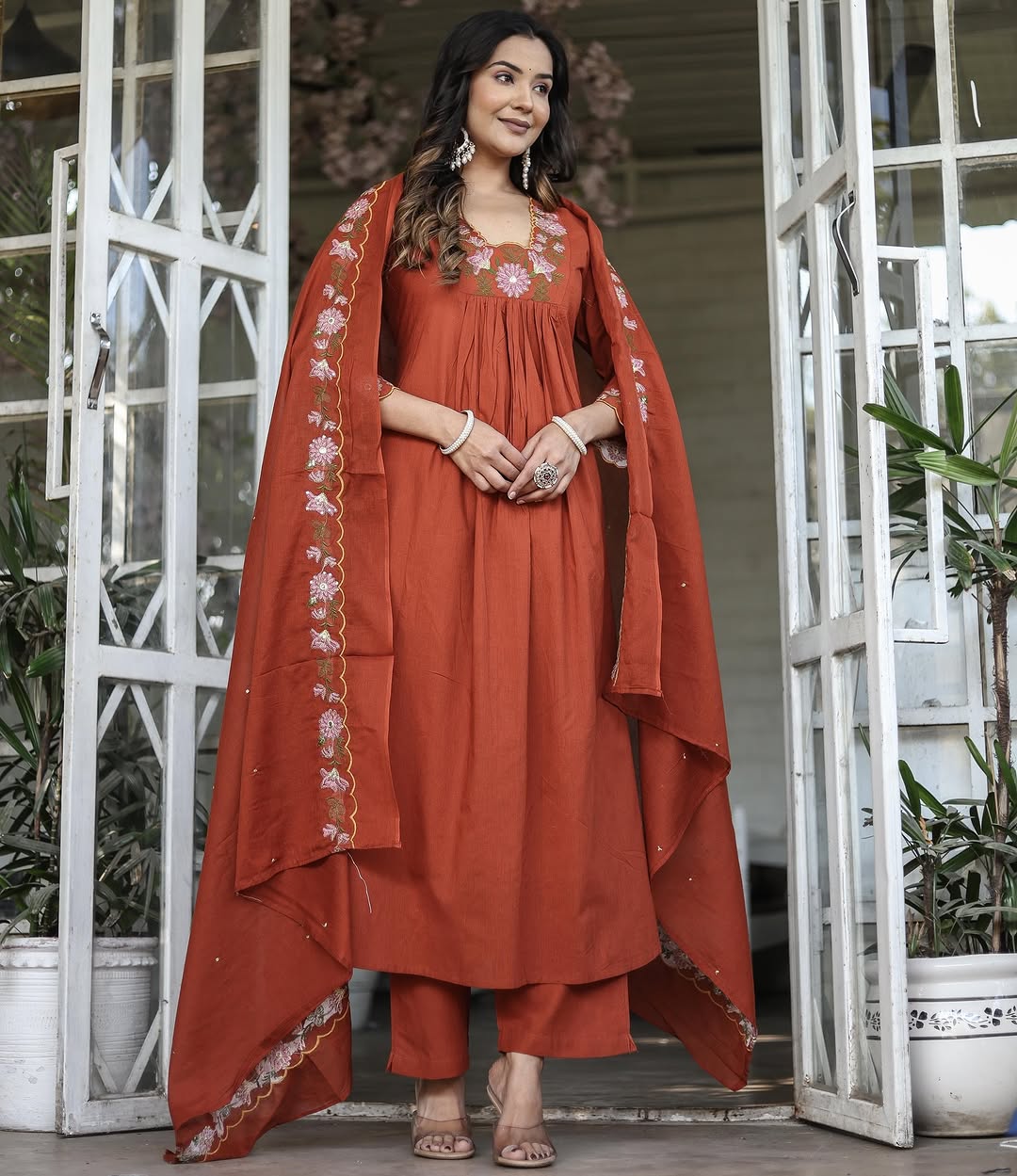 Red Designer Embroidered Anarkali Kurta Set with Dupatta – Flared Ethnic Outfit
