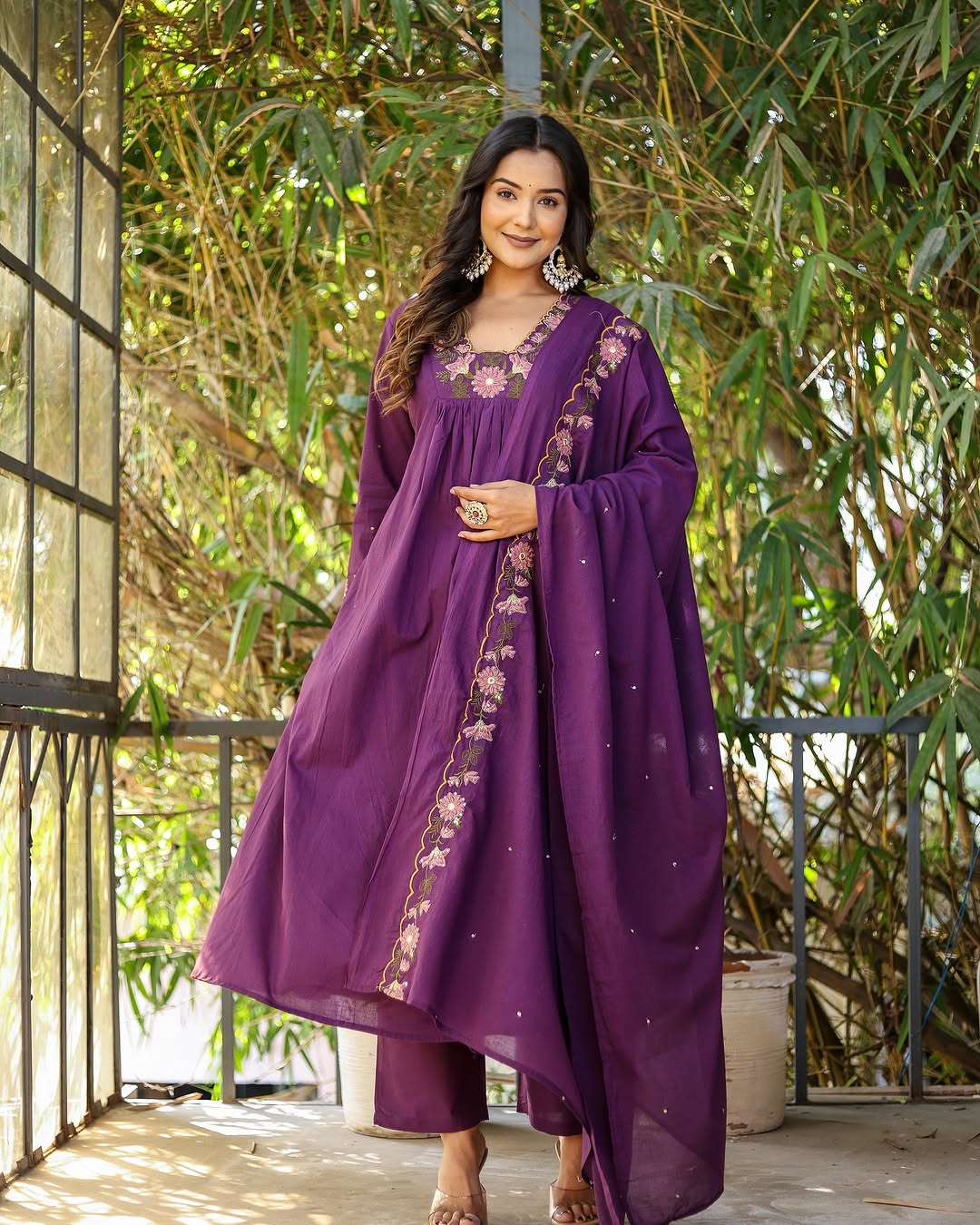 Purple Designer Embroidered Anarkali Kurta Set with Dupatta – Flared Ethnic Outfit